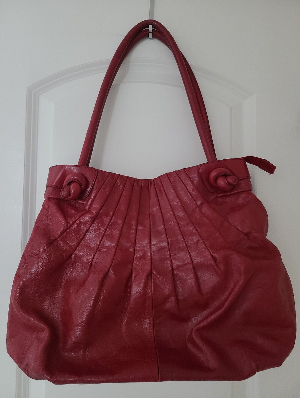 Vintage HOBO International Red Leather Sunburst Pleated Shoulder Bag